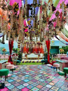 hanging-garden dance floor, mehndi ceremony, events designers, floral area decor
