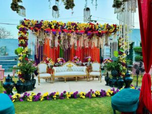 mehndi-stage stage decor, floral stage, backdrop, wedding stage