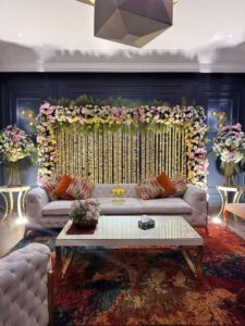 nikkah-backdrop floral backdrop, nikkah stage, intimate wedding, home setup