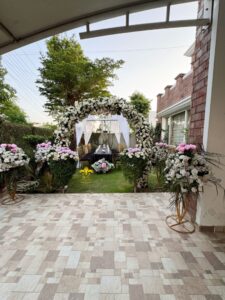 nikkah-setup-and-decor intimate ceremony, home event, floral decor, open air setup