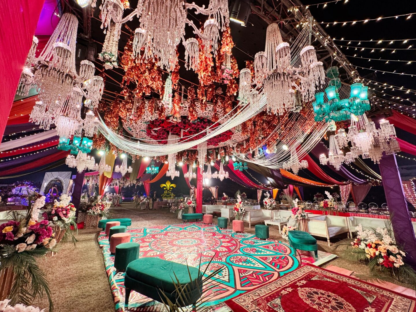 dance floor, chandeliers, hanging garden, open air setup