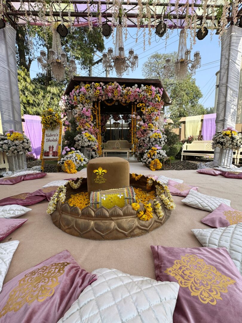 dholak stage, dance floor, floral decor, ubtan theme