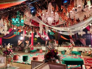 wedding management, hanging chandeliers, caterers, open air decor