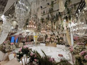 crystal-beaded-decor hanging garden, dance floor, thematic draping, western decor