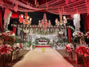 baraat stage, floral backdrop