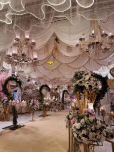 events-planners-and-decorators hanging chandeliers, crystal beaded decor, nikkah decorations, walkway setup