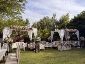 open-air-setup white wedding, executive seating, lunch time, wedding designers