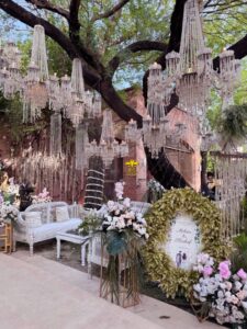 wedding-designers western theme, nikkah decor, hanging chandeliers, events management