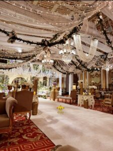 walkway decorations, draping, console tables, hanging chandeliers