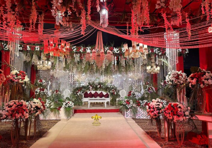 hanging chandeliers, baraat stage, grand stage, area decor