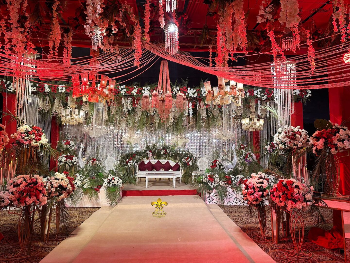 hanging chandeliers, baraat stage, grand stage, area decor