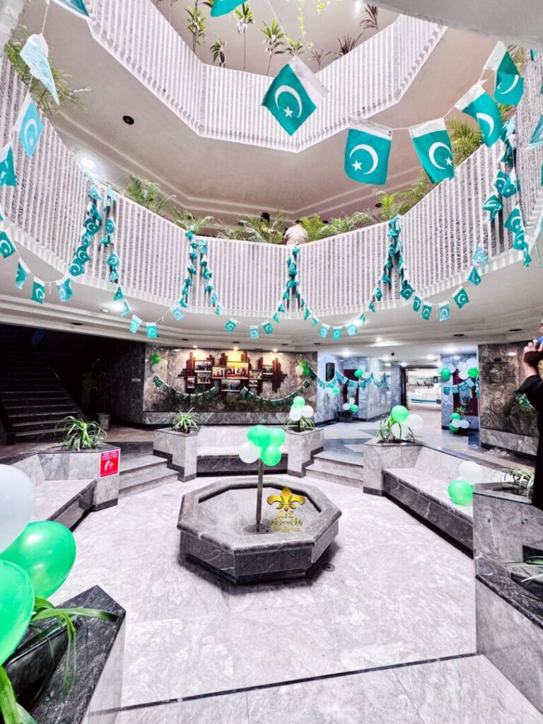 office-decor-and-setup flags hanging, independence day celebrations, balloons setup, fairy lights