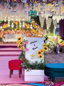 wedding-designers stage decor, dance floor, area decor, welcome board