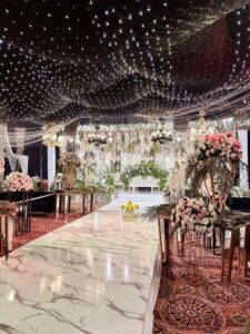 reception event, marble flooring, walkway decor, console tables