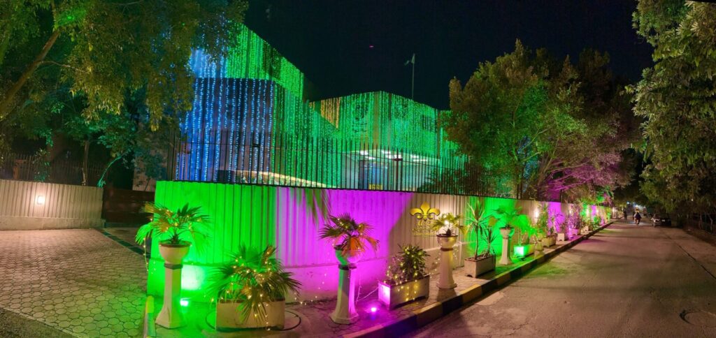 jashan-e-azadi thematic lighting, entrance decor, mall lighting setup, caterers