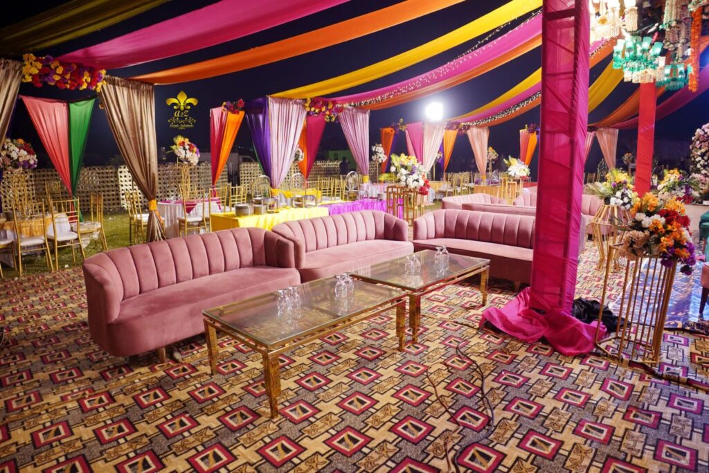 open-air-decor outdoor setup, mehndi decor, draping, multicolored event