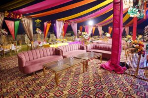 outdoor setup, mehndi decor, draping, multicolored event