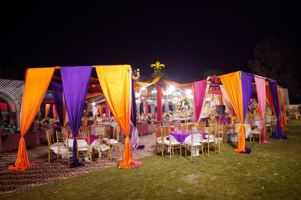 outdoor-event open air setup, mehndi decor