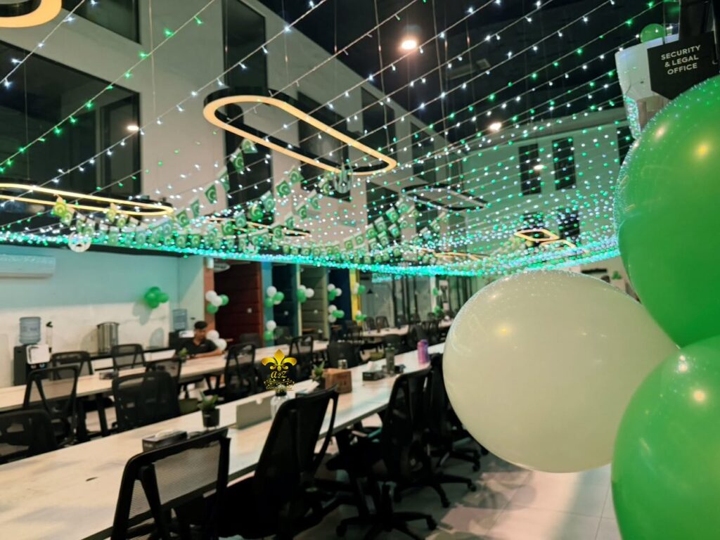 themed-pakistan-day-decor balloons decor, independence day, fairy lights, flag buntings