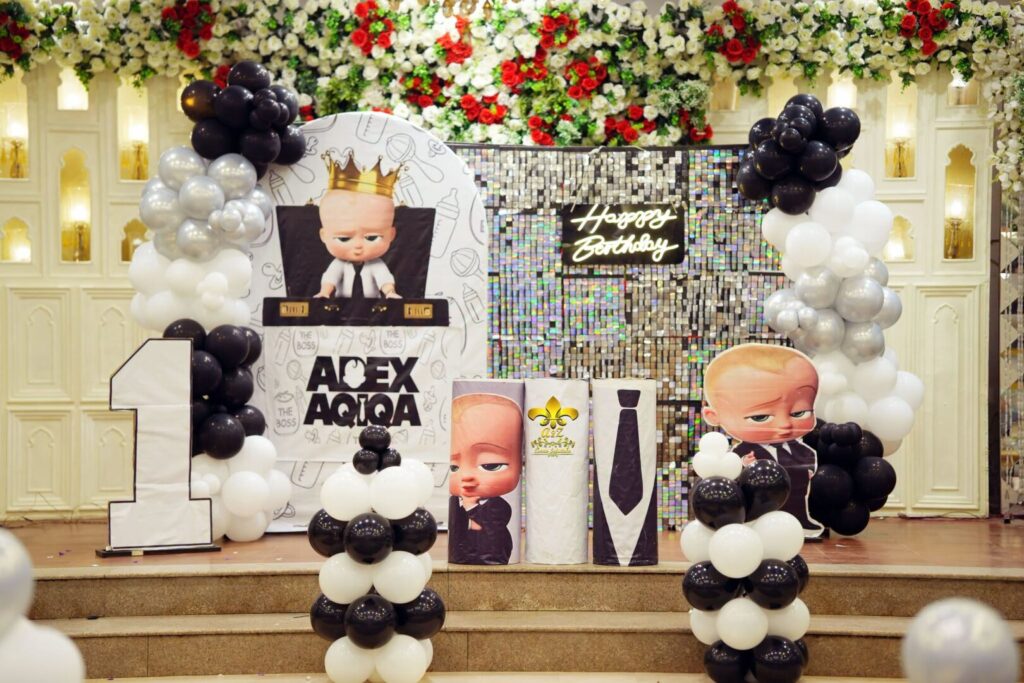 aqiqa-ceremony balloons backdrop, baby boss decor, customized props, cake providers