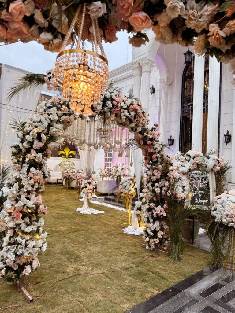 entrance-arches chandeliers, arches, event decor, daytime nikkah