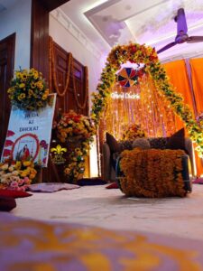 home-dholak dholki setup, floral backdrop, events services, caterers