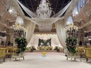 crystal beaded decor, walima ceremony, carpeted walkway, a2z events