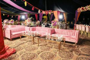 floral decor, draping, sofa sitting, caterers