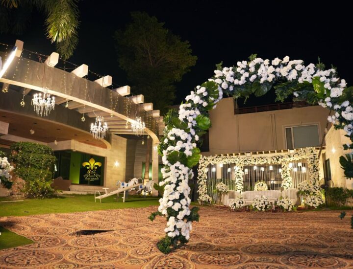 open air, wedding stage, arch decor, caterers